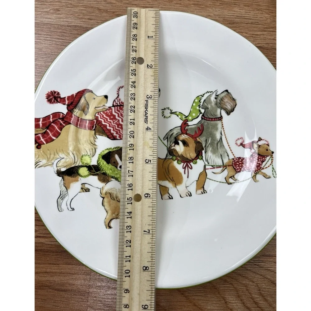 Pier 1 Park Avenue Puppies Dogs Salad Dessert Plates, Set of 2, Christmas Winter